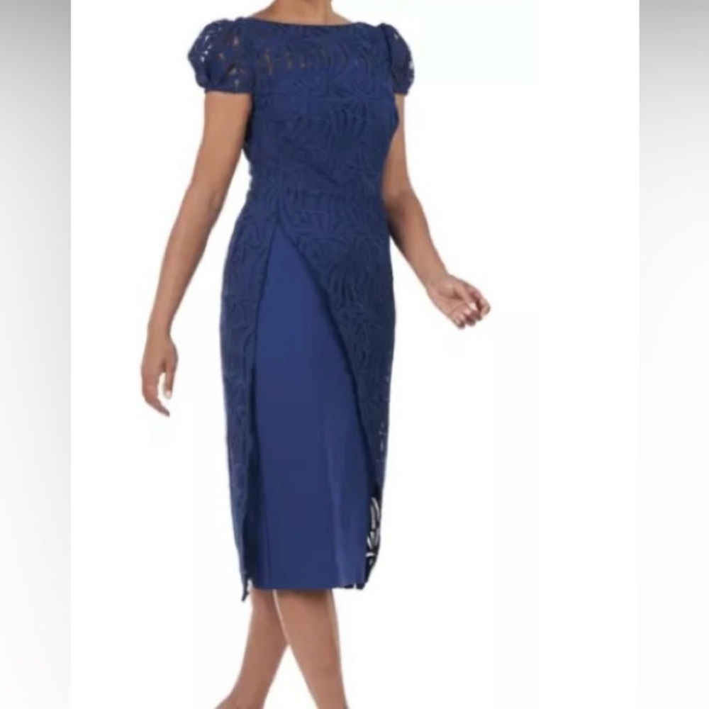 $328 Kay Unger Women's Blue Zelda Puff-Sleeve Lace Midi Dress Size 8